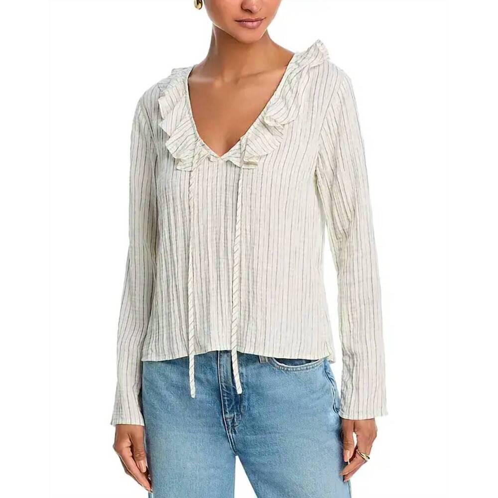 NEW BELLA DAHL tie ruffle neck top in ecru black pinstripe